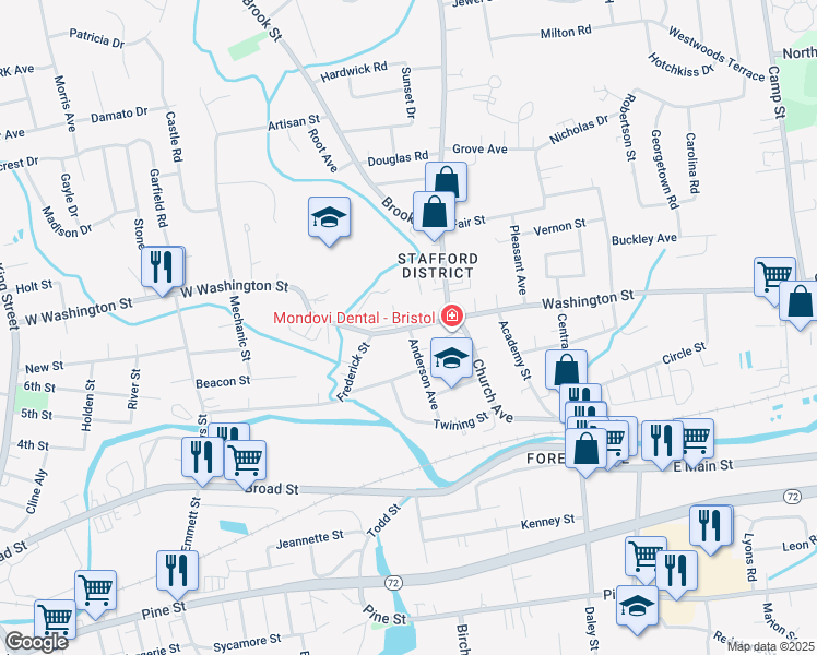map of restaurants, bars, coffee shops, grocery stores, and more near 39 Washington Street in Bristol