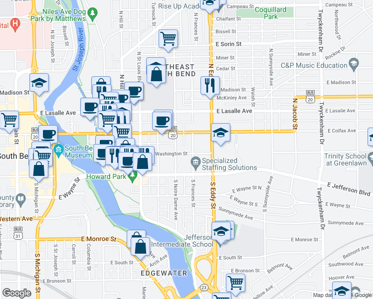 map of restaurants, bars, coffee shops, grocery stores, and more near 919 East Washington Street in South Bend