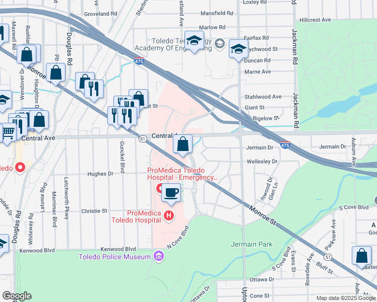 map of restaurants, bars, coffee shops, grocery stores, and more near 2926 ProMedica Parkway in Toledo