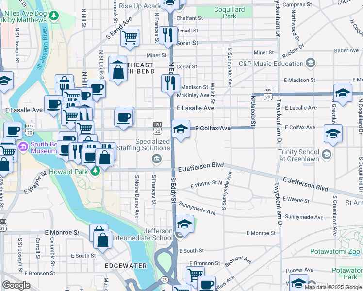 map of restaurants, bars, coffee shops, grocery stores, and more near 1101 East Jefferson Boulevard in South Bend