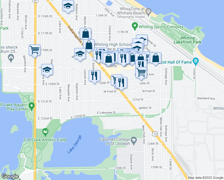 map of restaurants, bars, coffee shops, grocery stores, and more near 1298 120th Street in Whiting