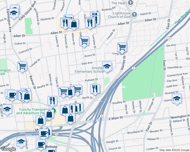 map of restaurants, bars, coffee shops, grocery stores, and more near 108 West Street in New Britain