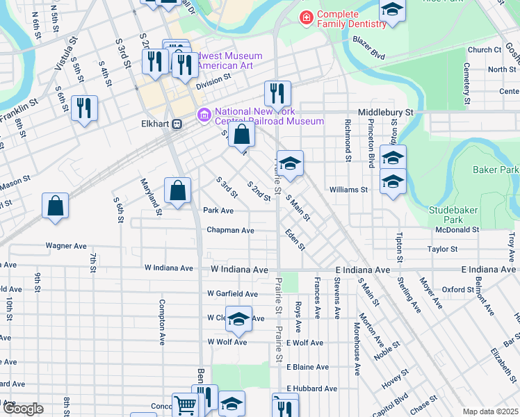 map of restaurants, bars, coffee shops, grocery stores, and more near 122 Park Avenue in Elkhart