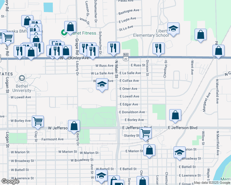 map of restaurants, bars, coffee shops, grocery stores, and more near 1801 North Main Street in Mishawaka