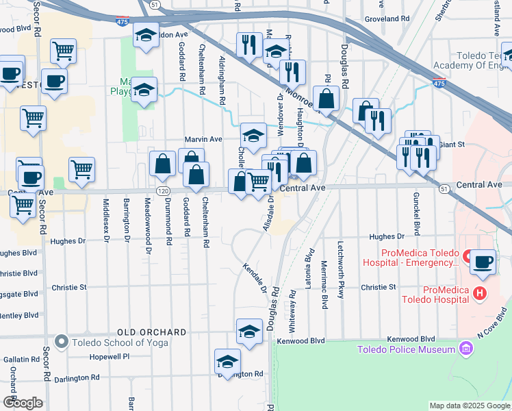 map of restaurants, bars, coffee shops, grocery stores, and more near 272529 Central Avenue in Toledo