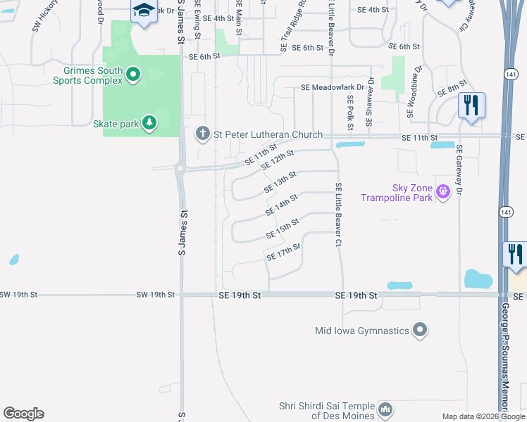 map of restaurants, bars, coffee shops, grocery stores, and more near 512 South 13th Street in Grimes