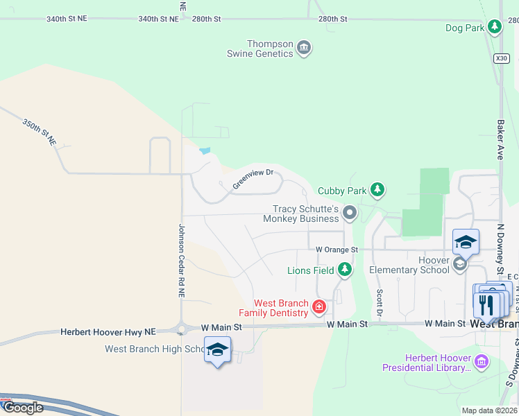 map of restaurants, bars, coffee shops, grocery stores, and more near 65-67 Greenview Drive in West Branch