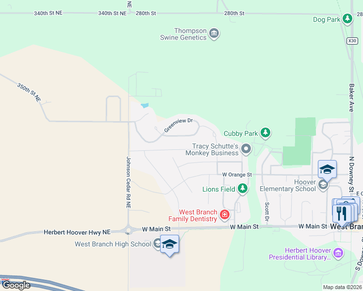 map of restaurants, bars, coffee shops, grocery stores, and more near 65-67 Greenview Drive in West Branch