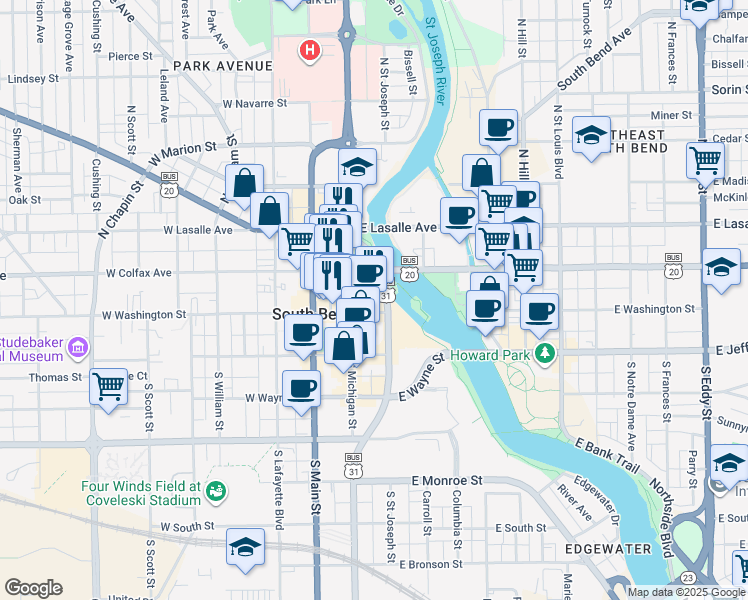 map of restaurants, bars, coffee shops, grocery stores, and more near 123 North Saint Joseph Street in South Bend