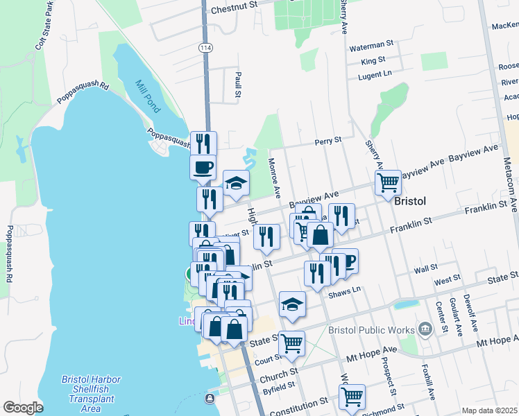 map of restaurants, bars, coffee shops, grocery stores, and more near 60 Washington Street in Bristol