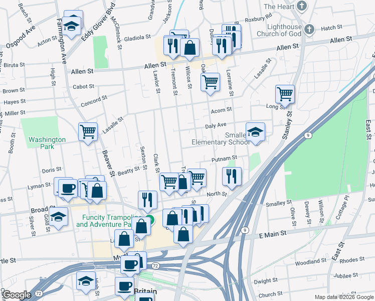 map of restaurants, bars, coffee shops, grocery stores, and more near 22 Wilcox Street in New Britain