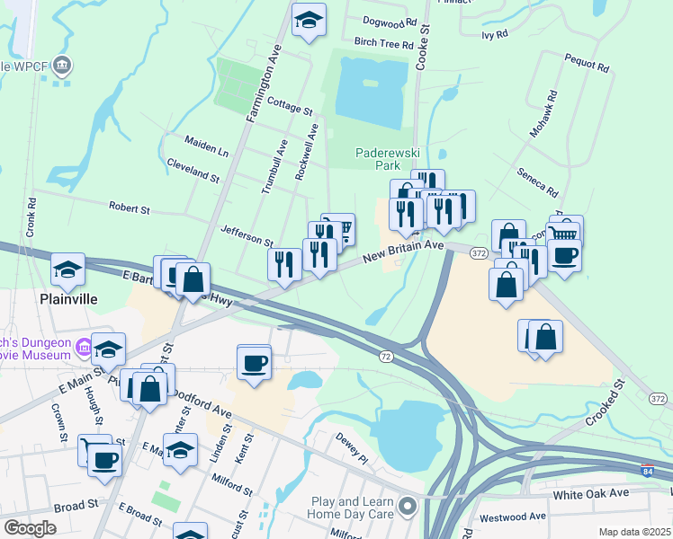 map of restaurants, bars, coffee shops, grocery stores, and more near 2 Grant Avenue in Plainville