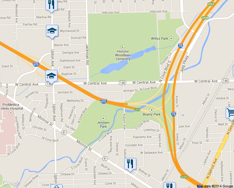 map of restaurants, bars, coffee shops, grocery stores, and more near in Toledo