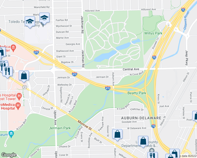map of restaurants, bars, coffee shops, grocery stores, and more near 1547 Central Avenue in Toledo