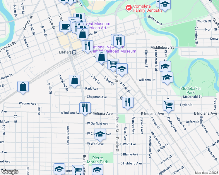 map of restaurants, bars, coffee shops, grocery stores, and more near 1038-1044 South 2nd Street in Elkhart