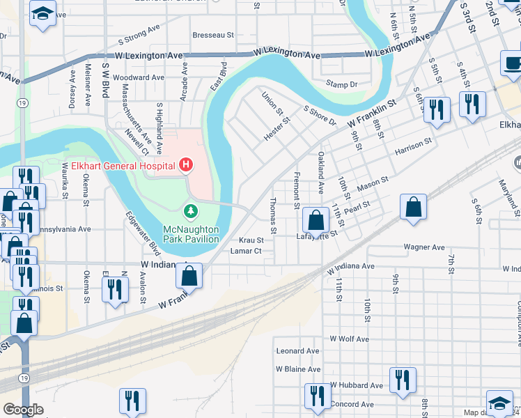 map of restaurants, bars, coffee shops, grocery stores, and more near 1400 West Franklin Street in Elkhart
