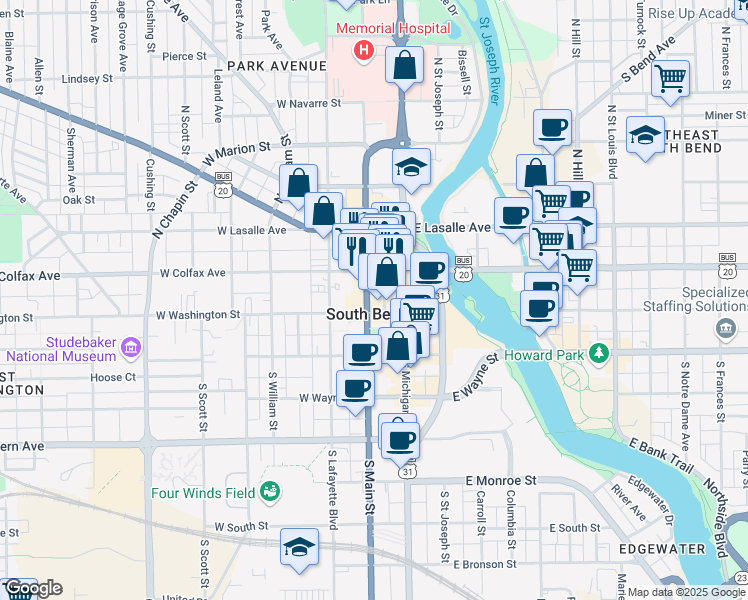 map of restaurants, bars, coffee shops, grocery stores, and more near 207 North Main Street in South Bend