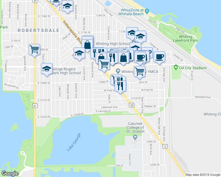 map of restaurants, bars, coffee shops, grocery stores, and more near 2000 Indianapolis Boulevard in Whiting
