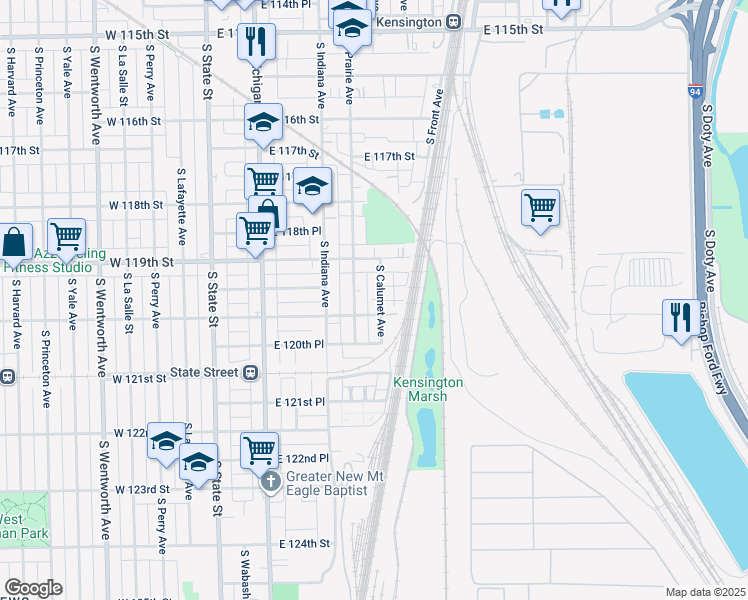 map of restaurants, bars, coffee shops, grocery stores, and more near 11921 South Calumet Avenue in Chicago