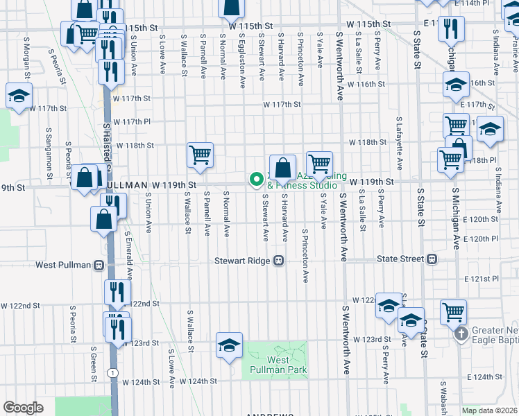 map of restaurants, bars, coffee shops, grocery stores, and more near 11932 South Stewart Avenue in Chicago