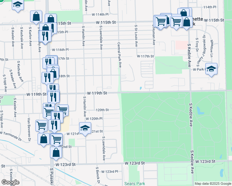 map of restaurants, bars, coffee shops, grocery stores, and more near 3640 West 119th Street in Chicago