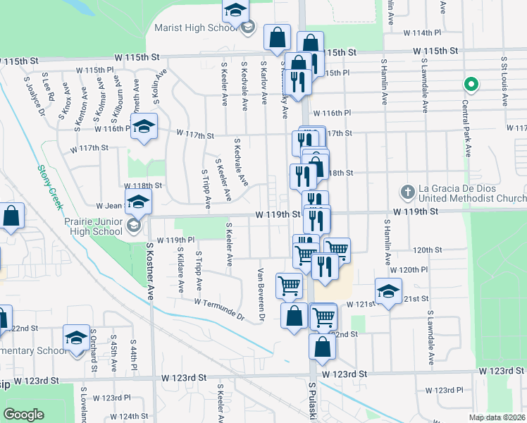 map of restaurants, bars, coffee shops, grocery stores, and more near 4155 West 118th Place in Alsip