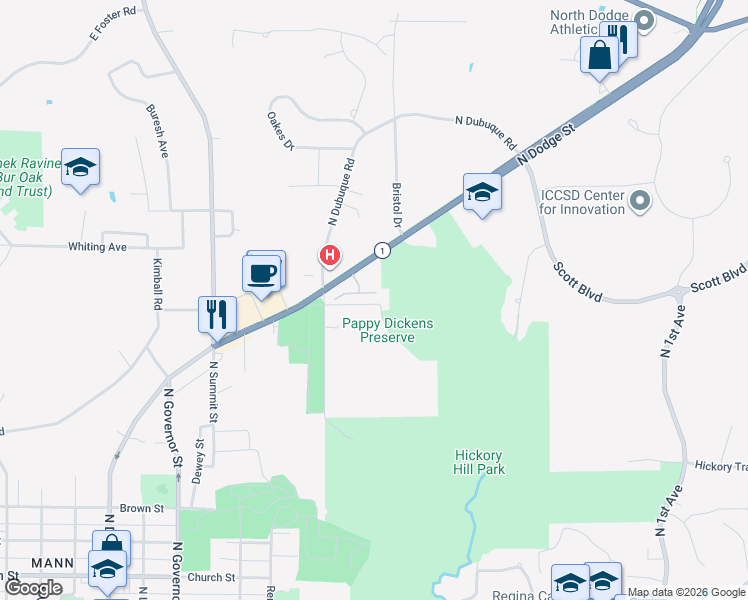 map of restaurants, bars, coffee shops, grocery stores, and more near 1360 North Dodge Street in Iowa City