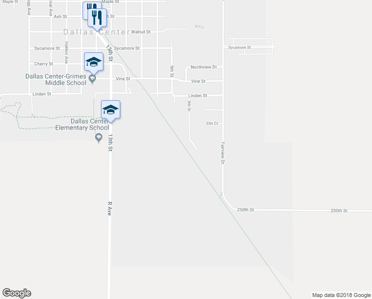 map of restaurants, bars, coffee shops, grocery stores, and more near Raccoon River Valley Trail in Dallas Center