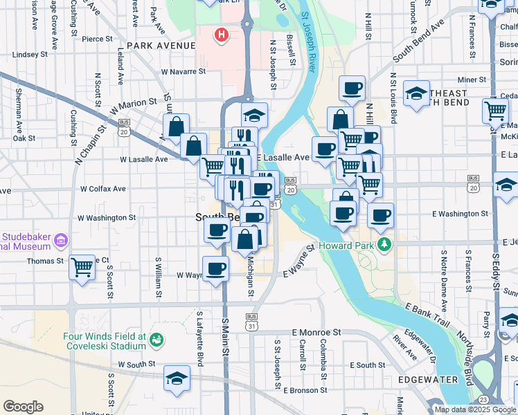 map of restaurants, bars, coffee shops, grocery stores, and more near 123 North Saint Joseph Street in South Bend