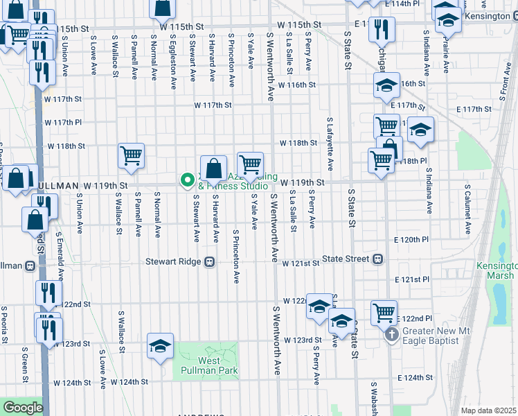 map of restaurants, bars, coffee shops, grocery stores, and more near 11939 South Yale Avenue in Chicago