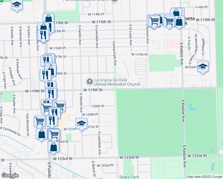 map of restaurants, bars, coffee shops, grocery stores, and more near 4622 West 122nd Street in Alsip