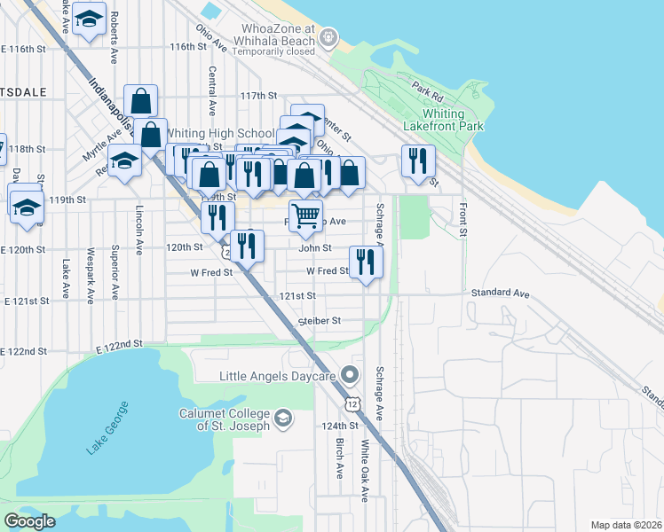 map of restaurants, bars, coffee shops, grocery stores, and more near 1521 John Street in Whiting