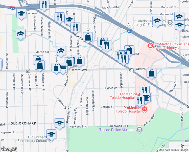 map of restaurants, bars, coffee shops, grocery stores, and more near 3042 Letchworth Parkway in Toledo