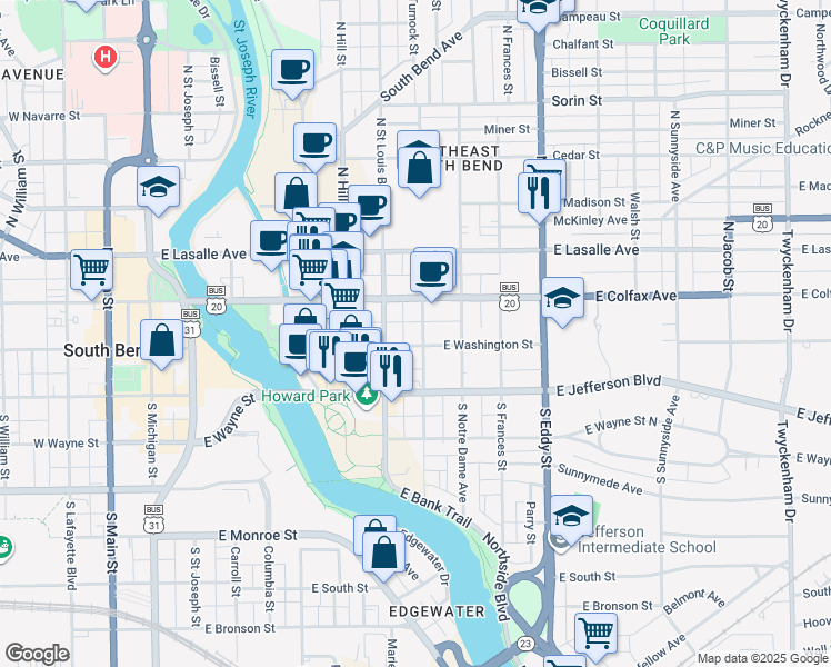 map of restaurants, bars, coffee shops, grocery stores, and more near 109 North Saint Peter Street in South Bend
