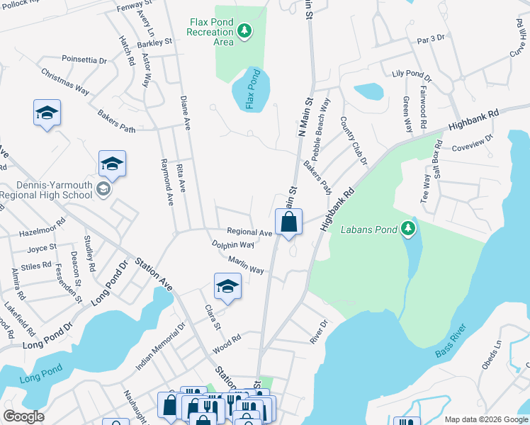 map of restaurants, bars, coffee shops, grocery stores, and more near 29 Kathy Ann Road in Yarmouth