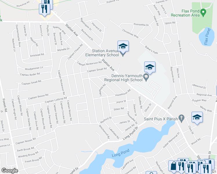 map of restaurants, bars, coffee shops, grocery stores, and more near 23 Antlers Road in Yarmouth