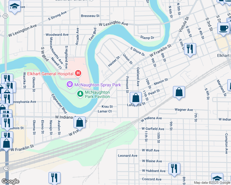 map of restaurants, bars, coffee shops, grocery stores, and more near 703 Thomas Street in Elkhart