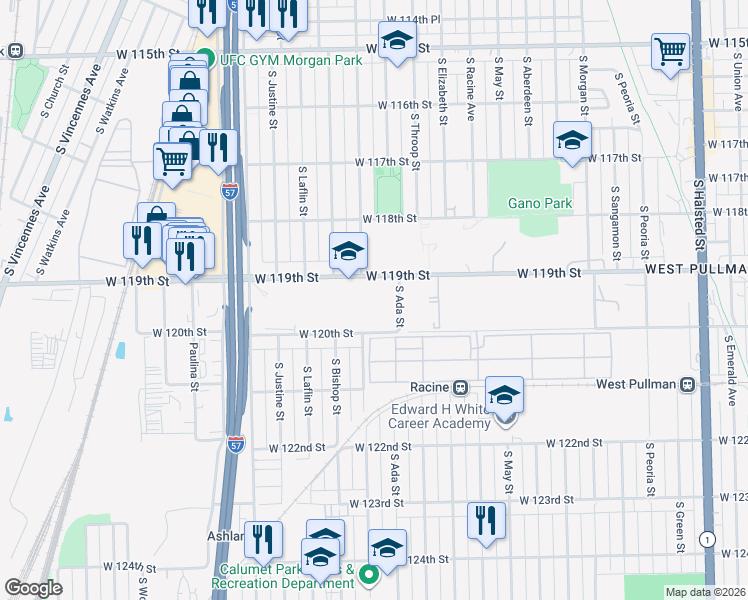 map of restaurants, bars, coffee shops, grocery stores, and more near 11901 South Loomis Street in Chicago