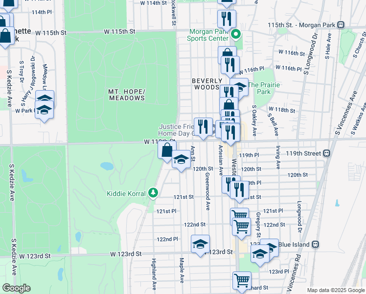 map of restaurants, bars, coffee shops, grocery stores, and more near 2556 119th Street in Blue Island