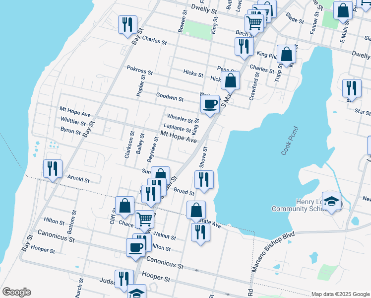 map of restaurants, bars, coffee shops, grocery stores, and more near 70 Barrows Street in Fall River