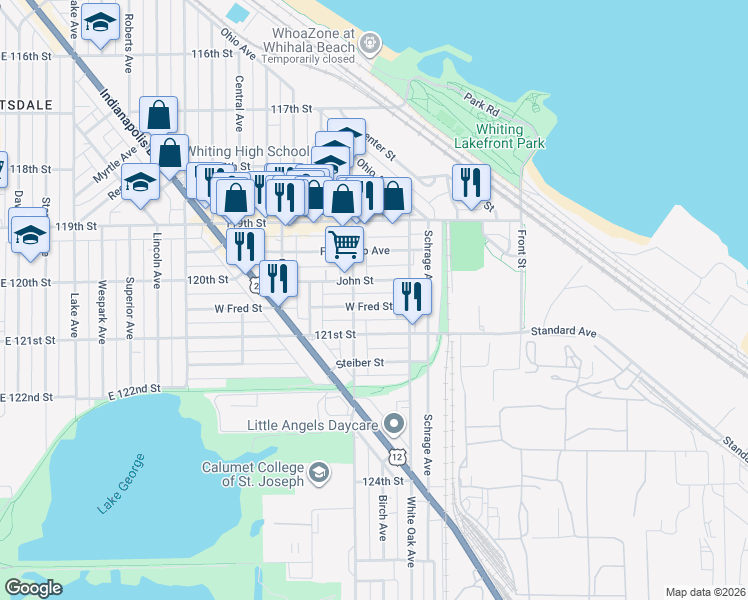 map of restaurants, bars, coffee shops, grocery stores, and more near 1521 John Street in Whiting