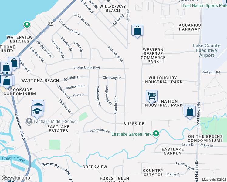 map of restaurants, bars, coffee shops, grocery stores, and more near 384 Ridgewood Drive in Eastlake