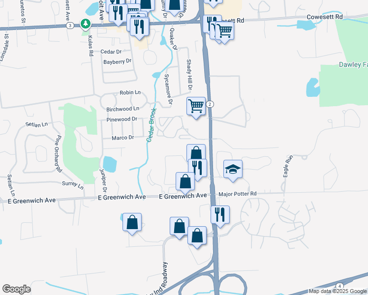 map of restaurants, bars, coffee shops, grocery stores, and more near 650 East Greenwich Avenue in West Warwick