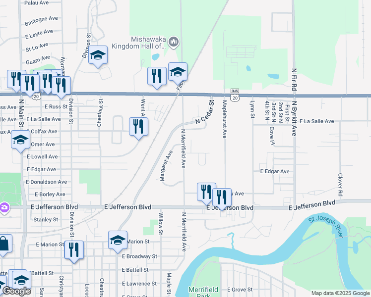 map of restaurants, bars, coffee shops, grocery stores, and more near 1917 North Merrifield Avenue in Mishawaka