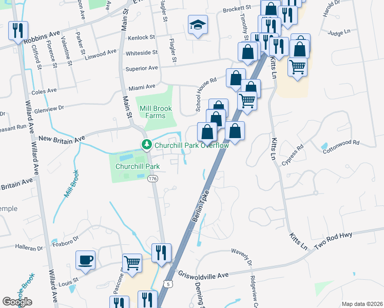 map of restaurants, bars, coffee shops, grocery stores, and more near 431 Churchill Drive in Newington