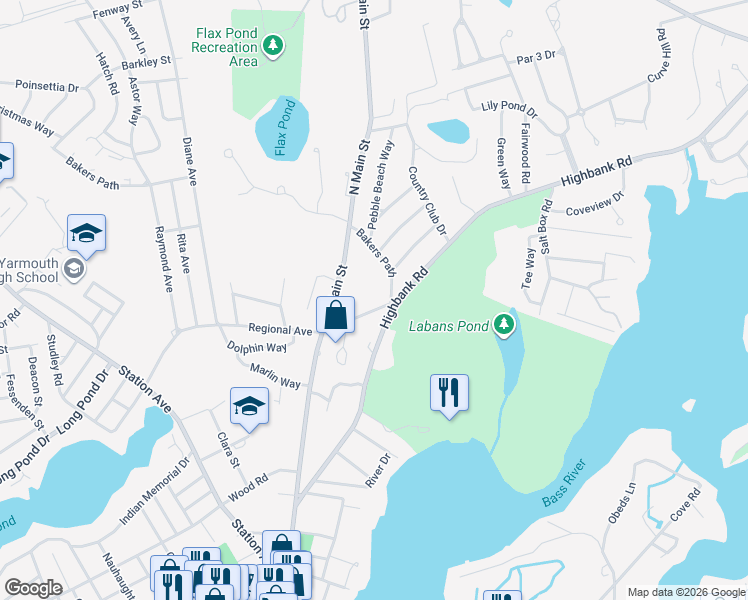 map of restaurants, bars, coffee shops, grocery stores, and more near 15 Bakers Path in Yarmouth