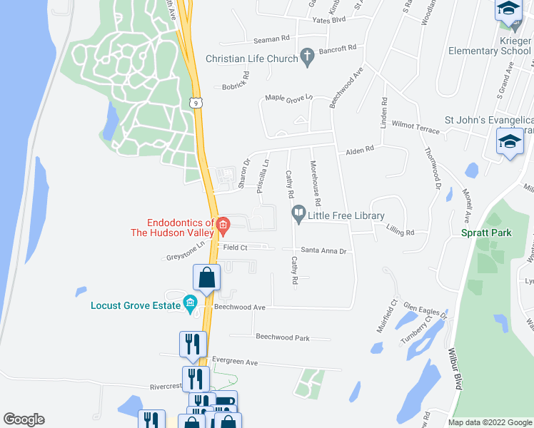map of restaurants, bars, coffee shops, grocery stores, and more near Poughkeepsie Plaza in Poughkeepsie