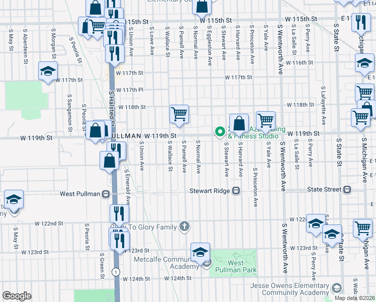 map of restaurants, bars, coffee shops, grocery stores, and more near 11941 South Parnell Avenue in Chicago