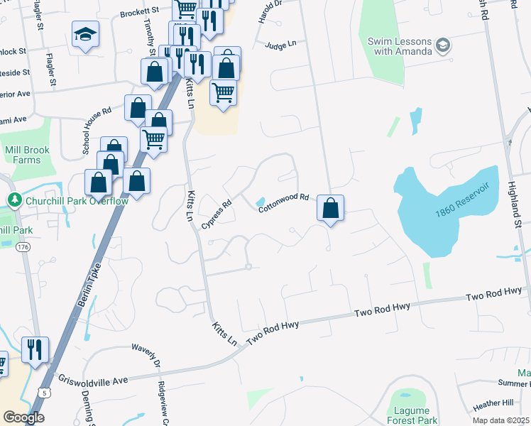 map of restaurants, bars, coffee shops, grocery stores, and more near 182 Cottonwood Road in Newington