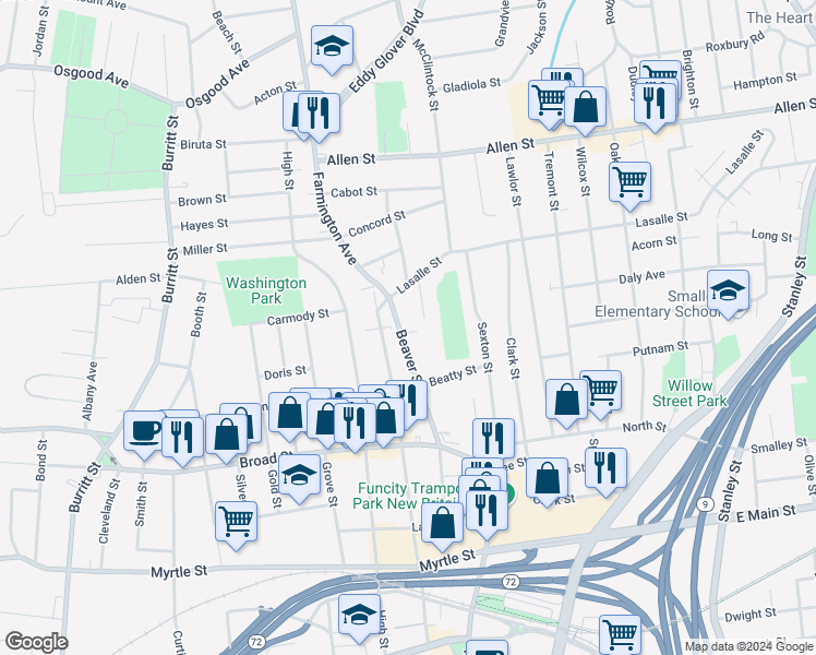 map of restaurants, bars, coffee shops, grocery stores, and more near 231 Beaver Street in New Britain